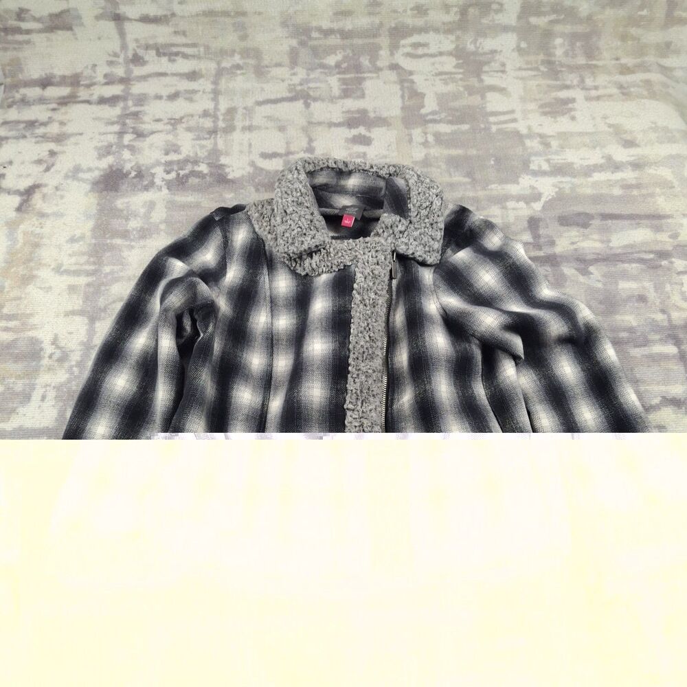 Vince Camuto Brushed Plaid Sherpa Trim Moto Jacket Black Gray Womens Size L